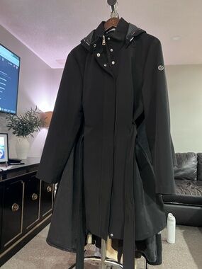 Calvin Klein Black zip up and button up jacket with belt & removable hood